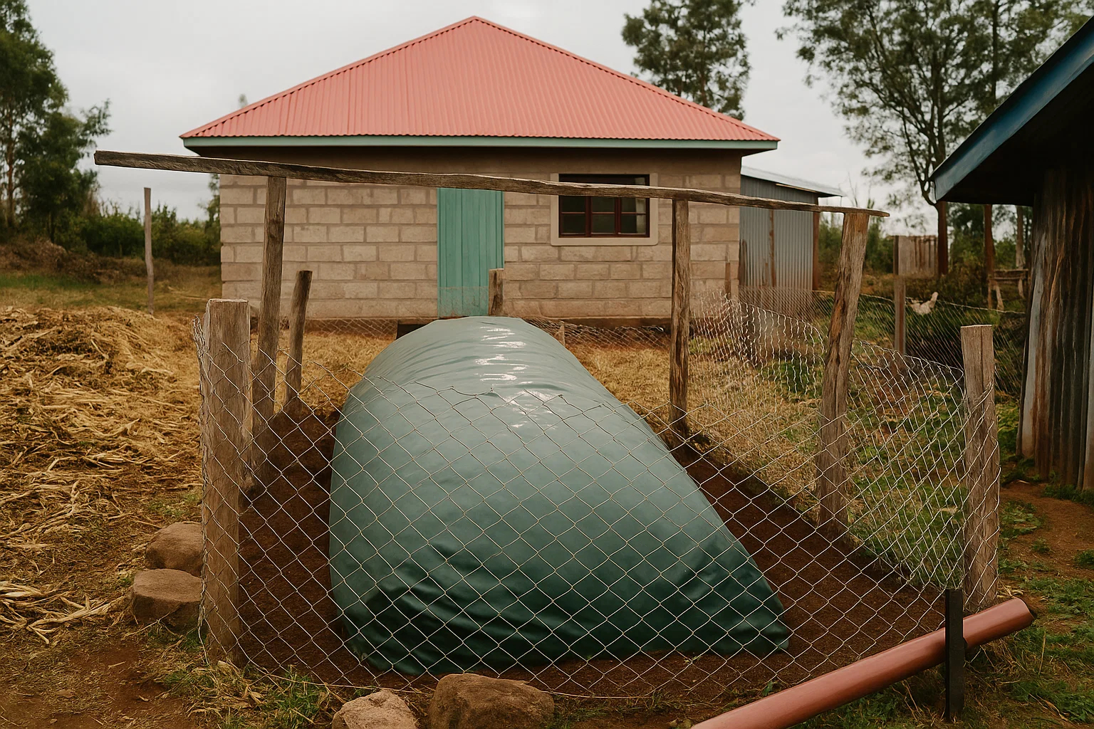 EcoFlux biogas digester installation showing dome-shaped green biogas unit